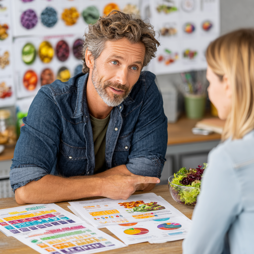 Experienced male nutritionist in his 40s discussing meal planning with client, pointing at colorful nutrition charts in bright consultation room