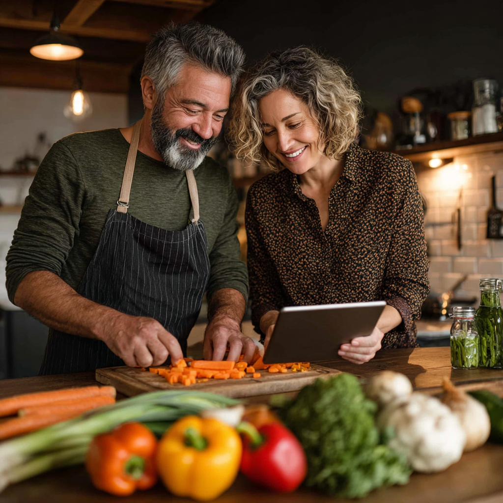 Middle-aged couple in their 40s preparing healthy meal together in modern kitchen, smiling while cutting vegetables and looking at tablet for nutrition guidance