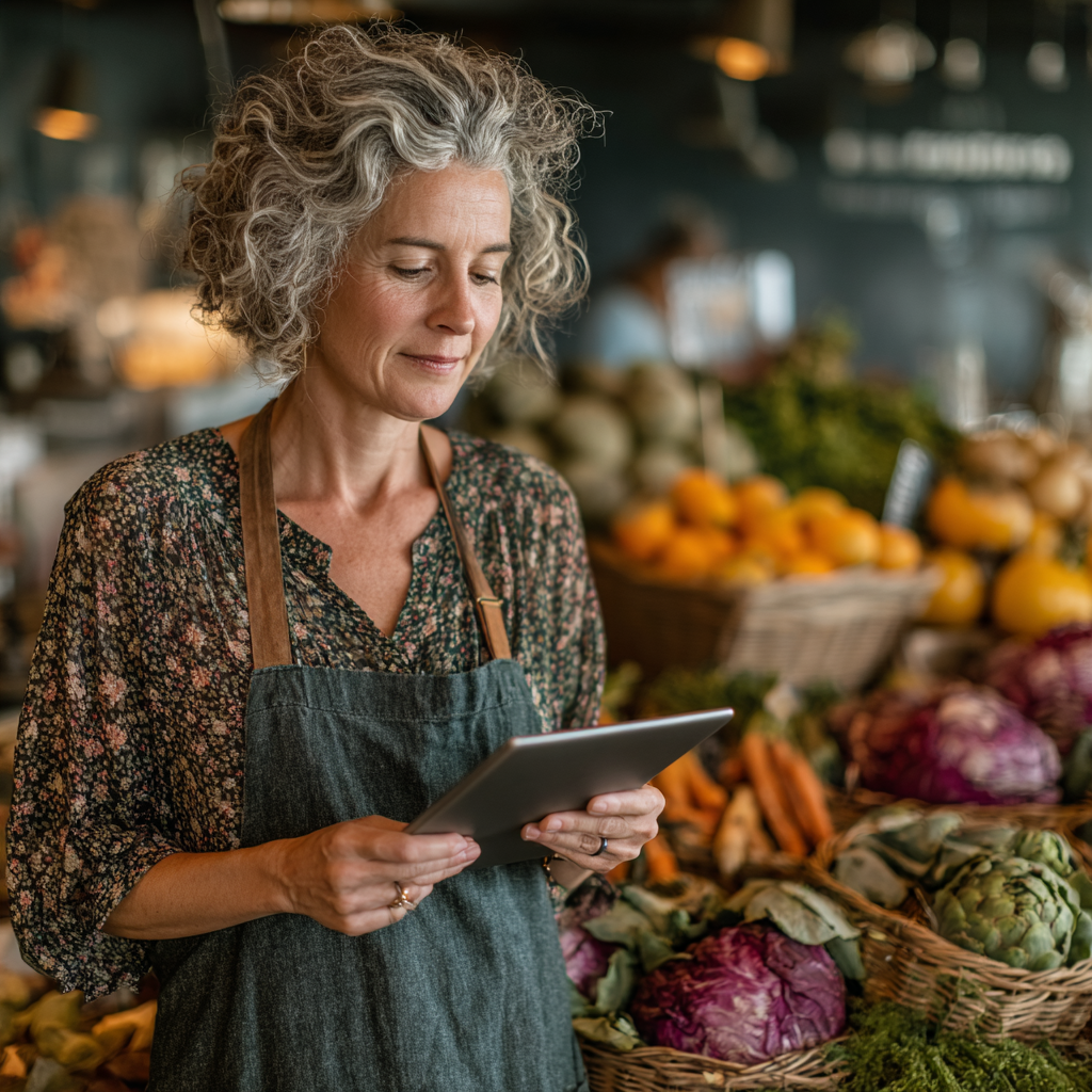 Professional nutritionist woman in her 50s reviewing personalized meal plans on tablet while standing in modern office with healthy food displays